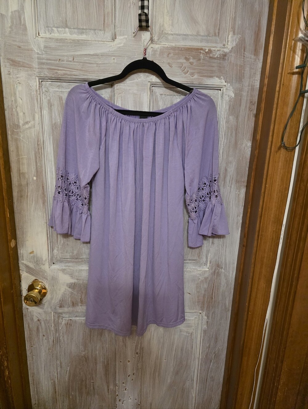WinWin Lavender Off-Shoulder Tunic with Crochet Bell Sleeves